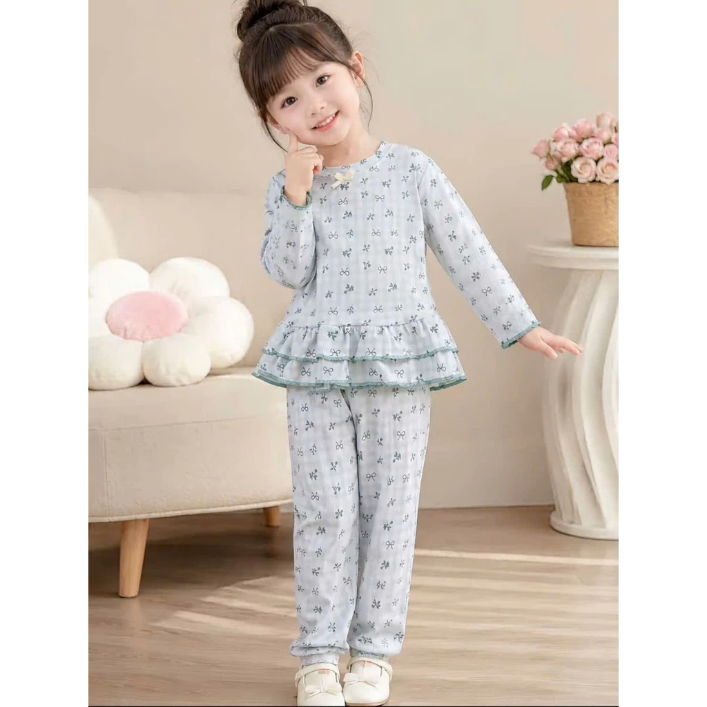 [A81] Bộ thu đông bé gái dài tay, set quần áo trẻ em chất thun tăm họa tiết nơ bèo tầng xinh xắn dễ mặc 8-18kg