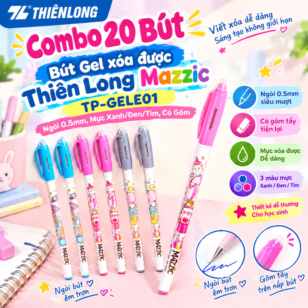 Combo Bút Gel xóa được Thiên Long TP-GELE01 ngòi 0.5mm mực xanh/đen/tím bút viết trơn mượt, có gôm trên nắp