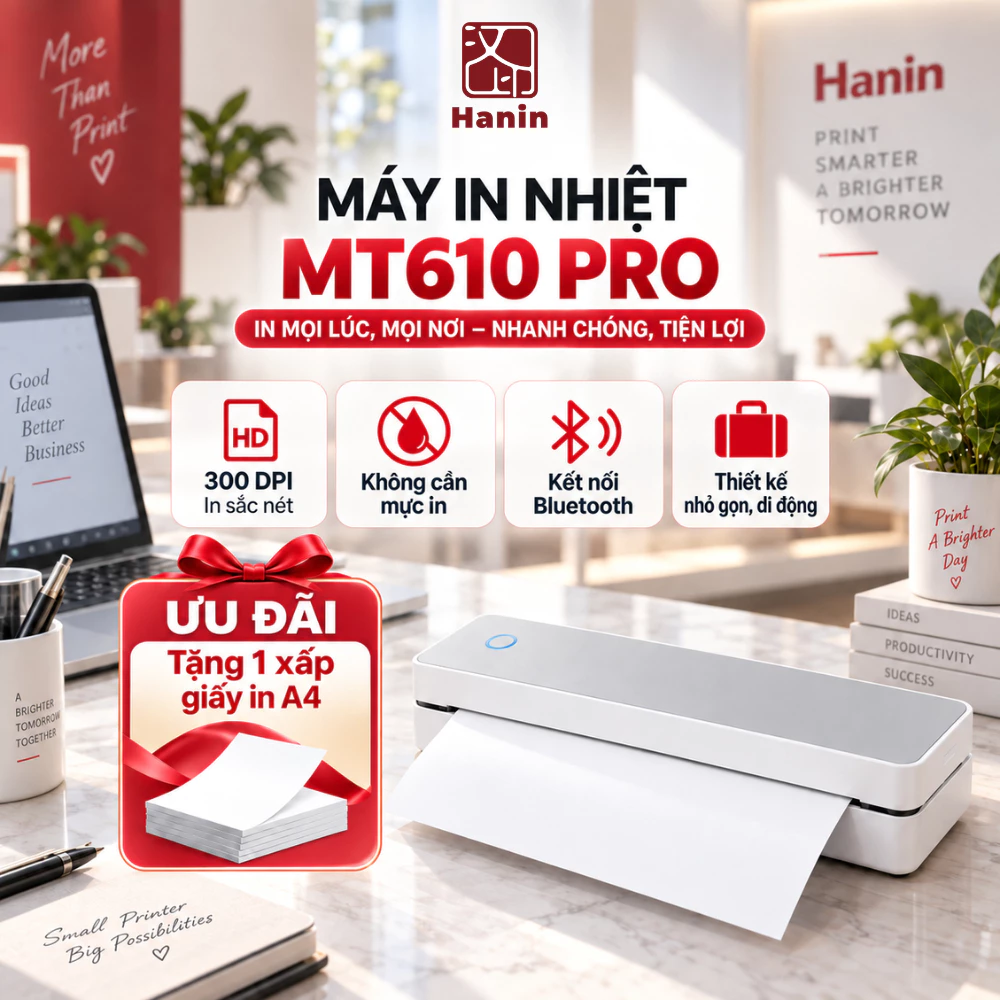 Máy In Nhiệt MT610 PRO Nhỏ Gọn, Kết Nối Bluetooth, In Tài Liệu Khổ A4 Bằng Điện Thoại, Máy Tính