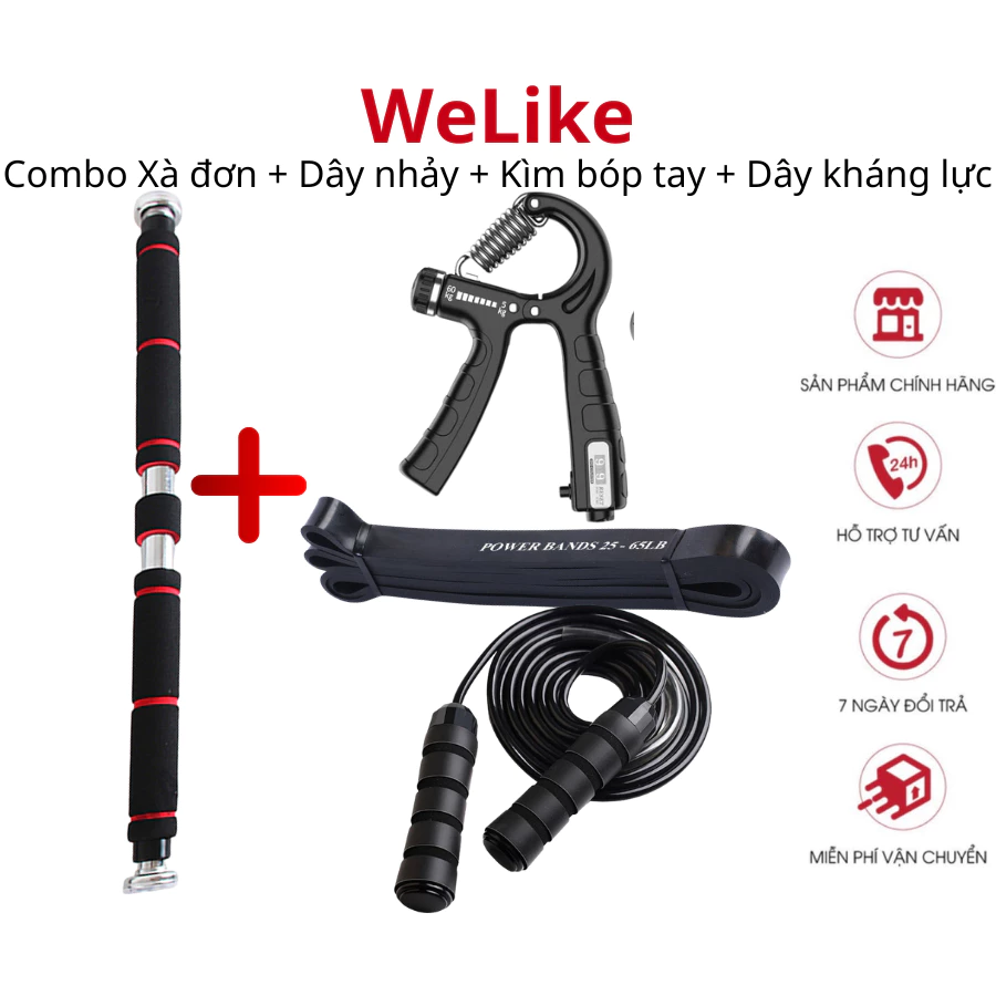 Combo Xà đơn và phụ kiện tập toàn thân Welike - Xà đơn + Kìm bóp tay + Dây kháng lực + Dây nhảy tập gym tại nhà