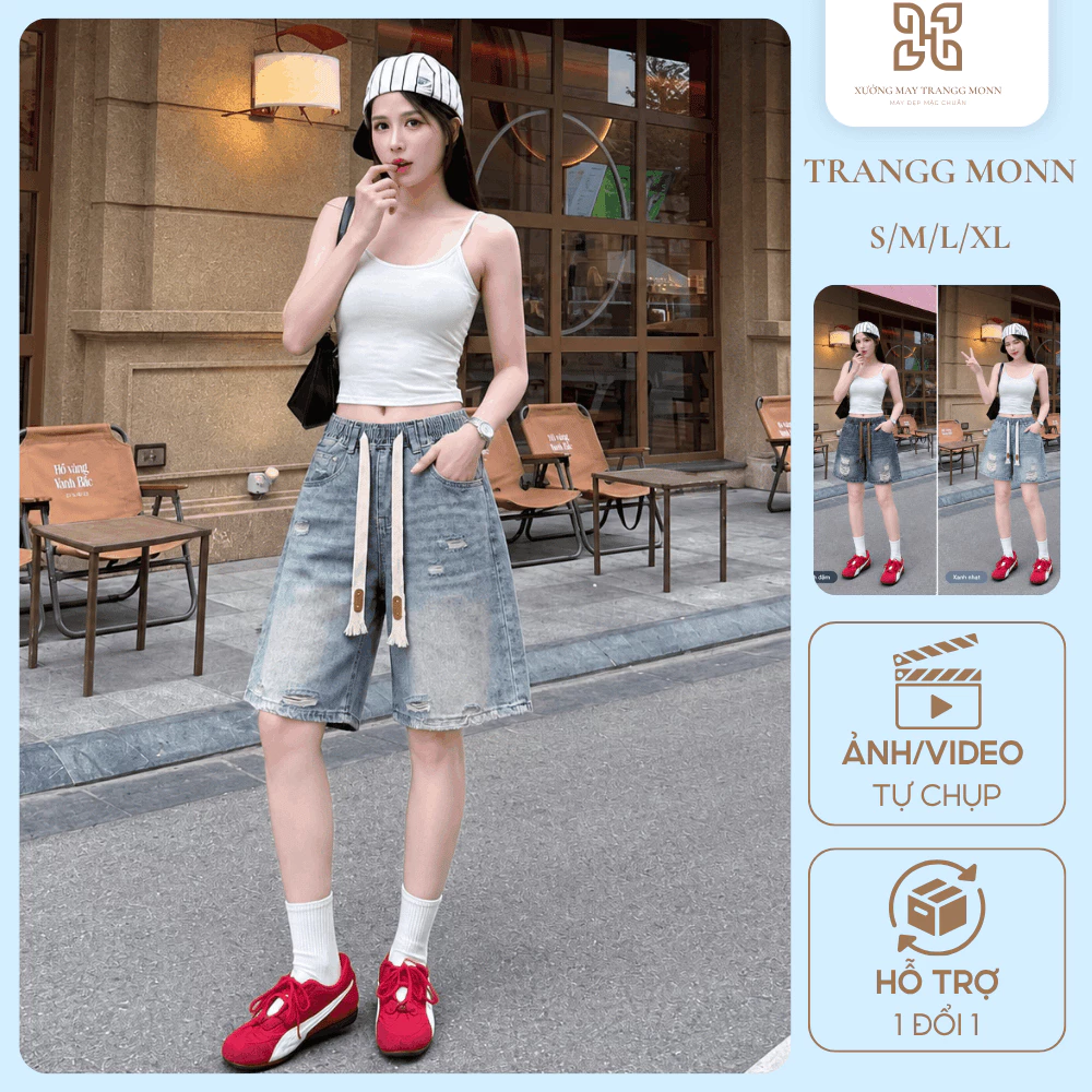Quần short jean nữ, quần đùi bò nữ ống rộng cạp chun phong cách năng động đi chơi, đi làm