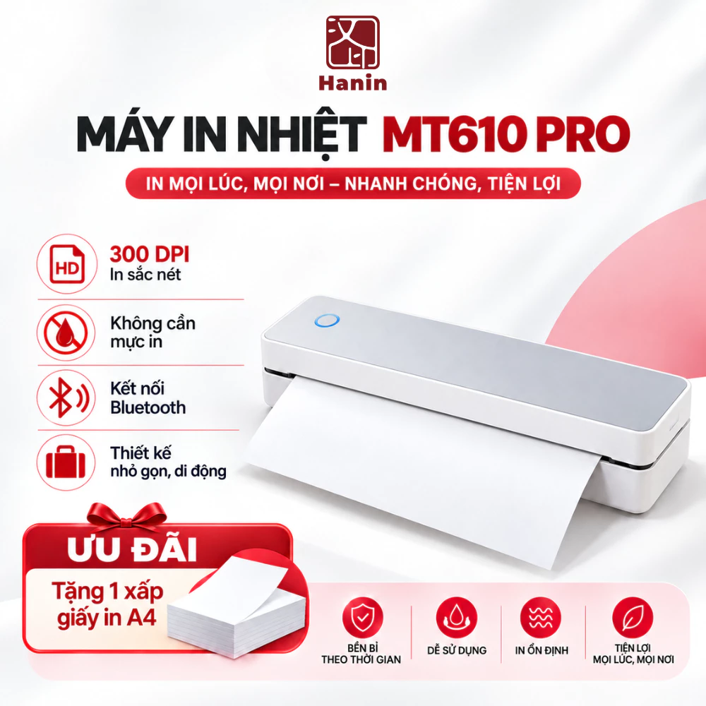 Máy In A4 Mini MT610 PRO In Tài Liệu, Bài Tập, 300DPI, Kết Nối Bluetooth Điện Thoại, Nhỏ Gọn, Tiện Lợi