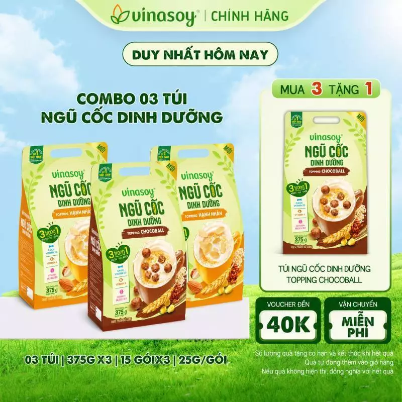 Combo 03 túi ngũ cốc dinh dưỡng Vinasoy Topping Hạnh Nhân/Chocoball (3 túi | 45 gói x 25g | 375gx3)