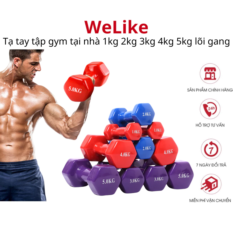 Tạ tay Welike - Tạ tập gym yoga thể dục tại nhà 2kg 3kg 4kg 5kg lõi gang bọc cao su cao cấp chống xước vỡ sàn nhà