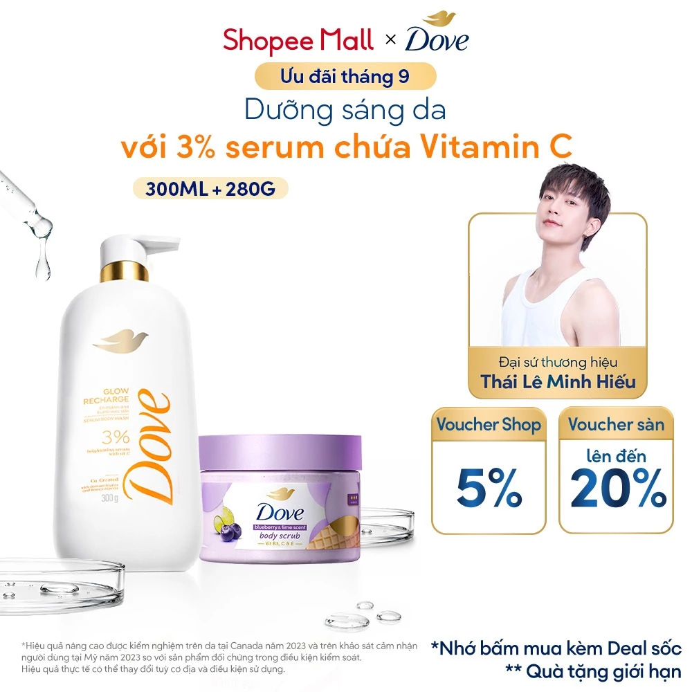 Combo Sữa tắm Dove Serum Dưỡng da chuyên sâu 300ml + Tẩy Da Chết Dưỡng Ẩm Dove 280g