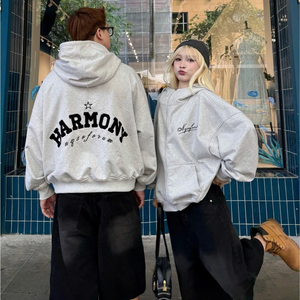 Áo Khoác Vải Nỉ Bông Unisex HOODIES ZIP NQ30 HARMONY 3 Màu Xám , Đỏ ,Đen Có Mũ Rộng Form BOXY BASIC