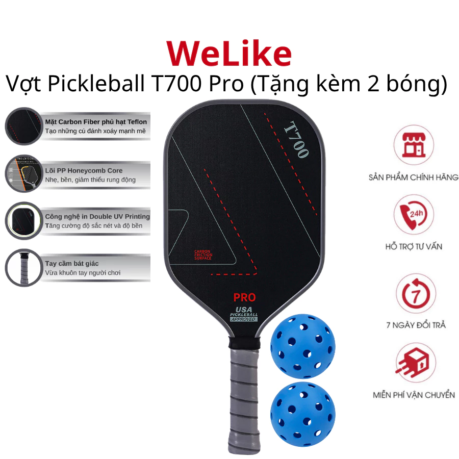 Vợt Pickleball T700pro Welike (Tặng 2 bóng) - Vợt chơi bóng chất liệu Carbon cao cấp mặt nhám chuẩn siêu nhẹ bền loại 1