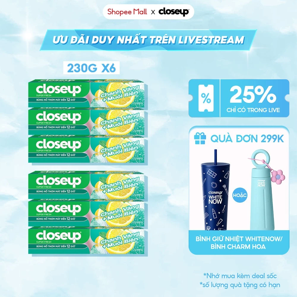 [Live] Bộ 6 Kem Đánh Răng Closeup Làm Trắng Răng Tự Nhiên SAU 2 TUẦN 230g