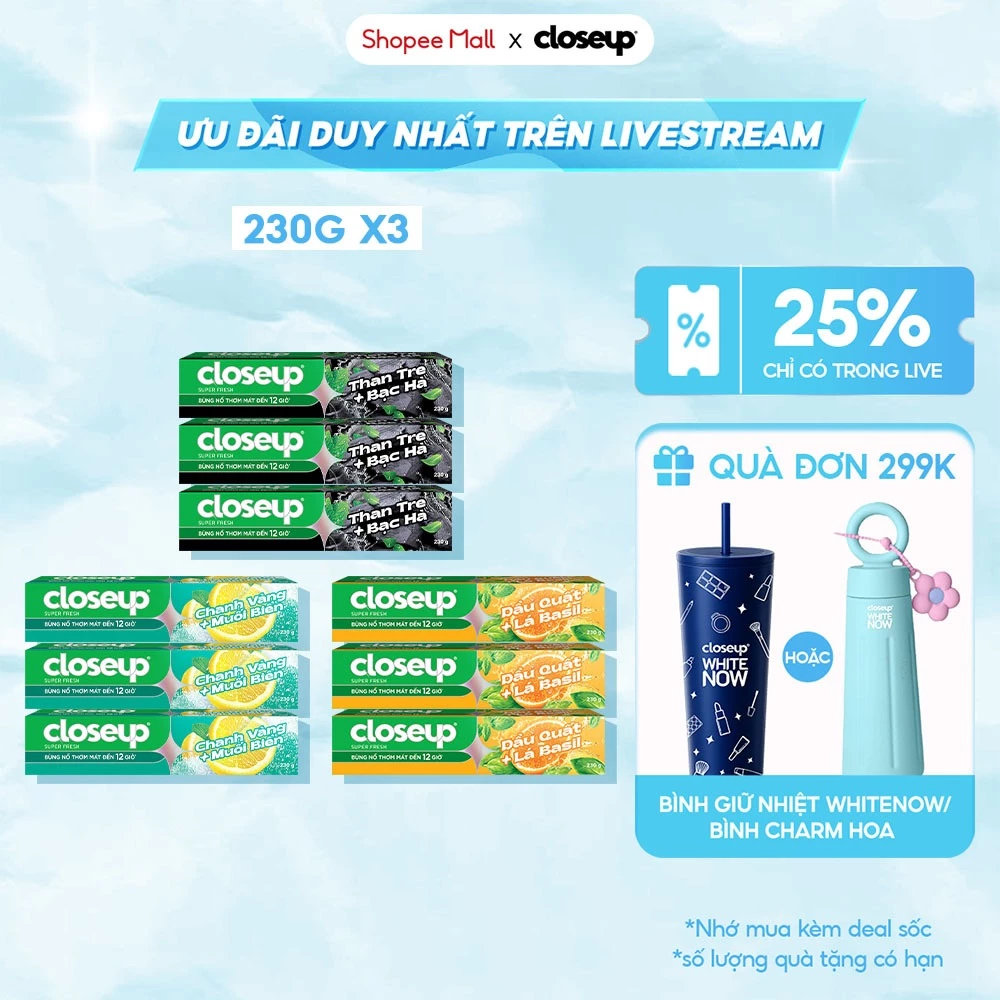 [LIVE] Combo 3 Kem Đánh Răng Closeup Trắng Răng Thơm Mát thành phần Thiên Nhiên 230G