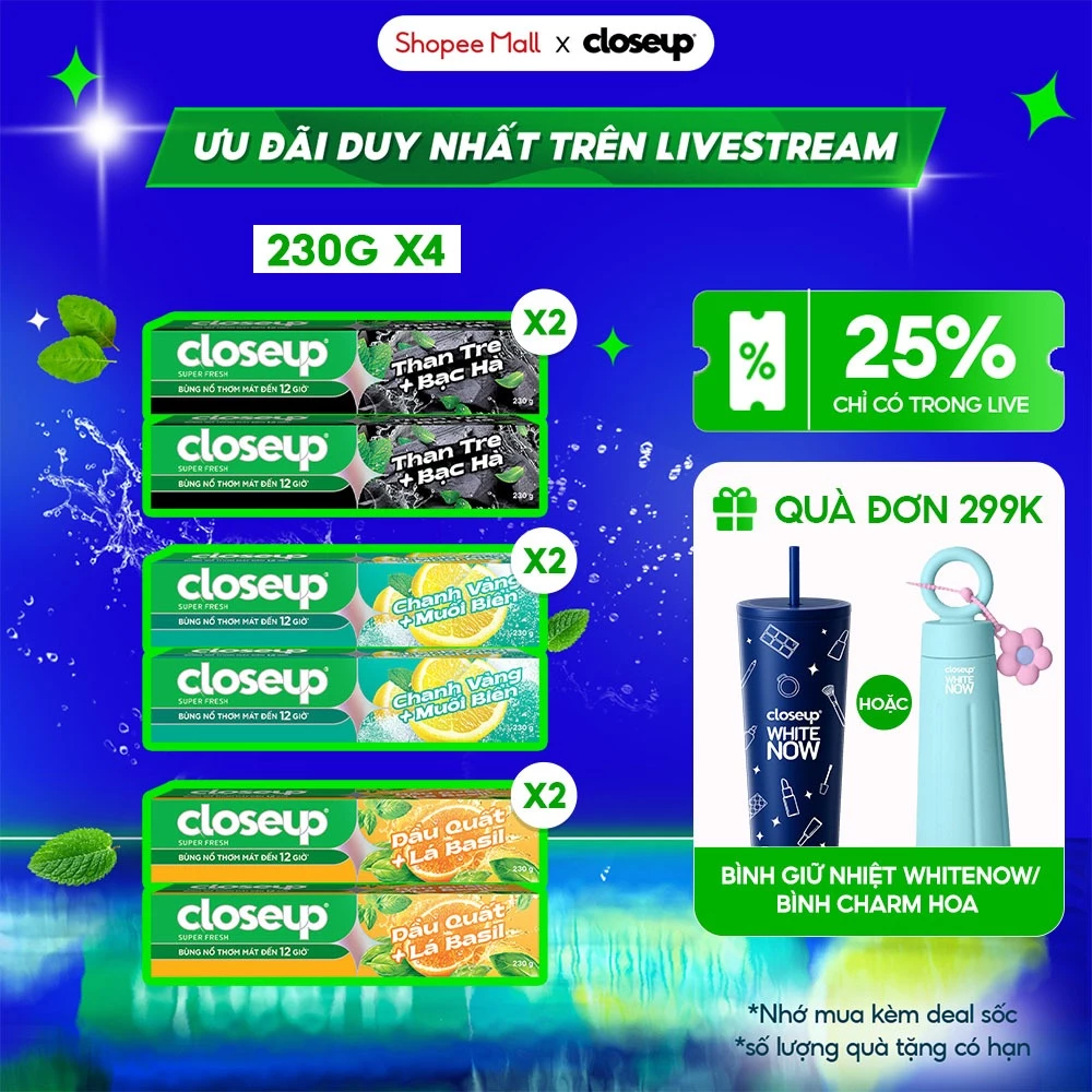 [LIVE] Combo 4 Kem Đánh Răng Closeup Trắng Răng Thơm Mát thành phần Thiên Nhiên 230G