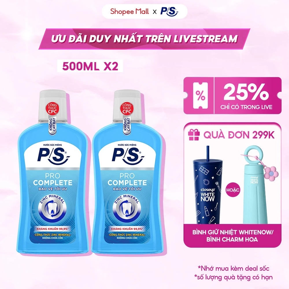 [LIVE] Combo 2 Nước súc miệng P/S kháng khuẩn 99.9% 500ml/chai