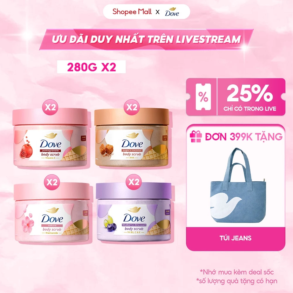 [LIVE] Combo 2 Smoothie Tẩy Tế Bào Chết Body Dove Chăm Da Sáng Mịn 298g/280g
