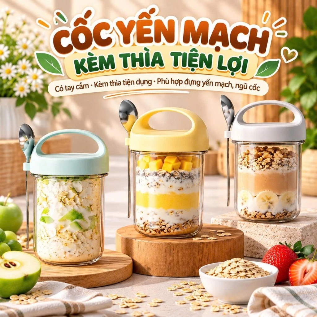 Cốc thuỷ tinh ăn ngũ cốc yến mạch nắp tay cầm kèm thìa 430ml