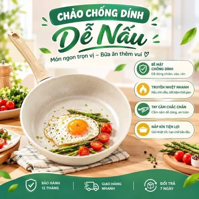 Chảo Chống Dính Dáng Tròn Kèm Nắp Size 22cm 26cm 28cm Dùng Chiên Trứng Rán Thịt