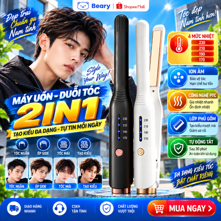Máy uốn tóc nam nữ tạo kiểu METIS 2 in1 máy duỗi tóc mini ép side đa năng