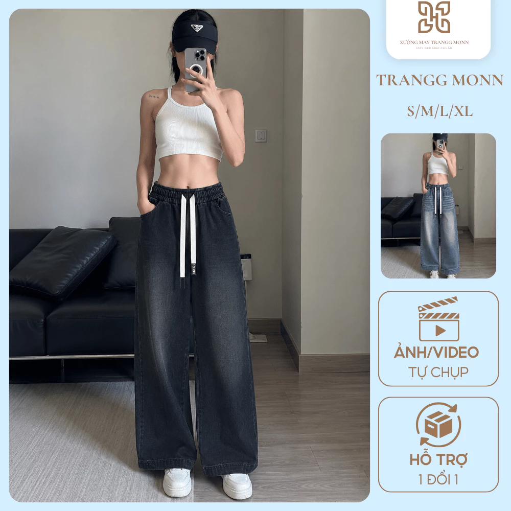 Quần Ống Rộng Nữ, Quần Jean Nữ Dáng Suông chun Ống Đứng Chất Denim Dày Dặn Đứng Form Không Nhăn Không Phai