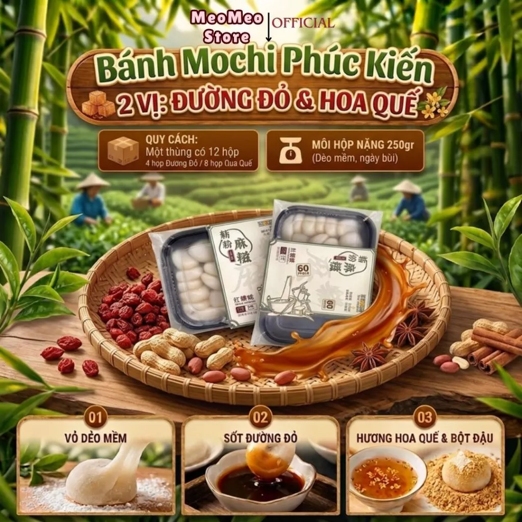 Bánh Mochi Dẻo Phúc Kiến Hot Hit 2 Vị Đường đỏ - Hoa quế Hộp 250g