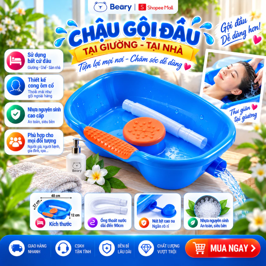 Chậu Gội Đầu Tại Nhà - Thau Gội Đầu Chăm Sóc Người Già, Bà Bầu, Trẻ Nhỏ Có Đệm Lót Đỡ Cổ Silicone Siêu Mềm Tiện Dụng