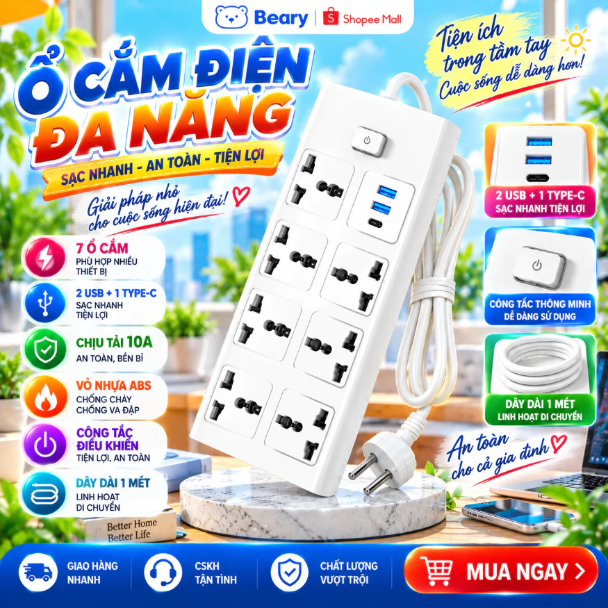 Ổ Cắm Chịu Tải Đa Năng Có 7 Cổng 2 usb Và 1 type c Có Công Tắc Điều Khiển An Toàn Tiện Lợi