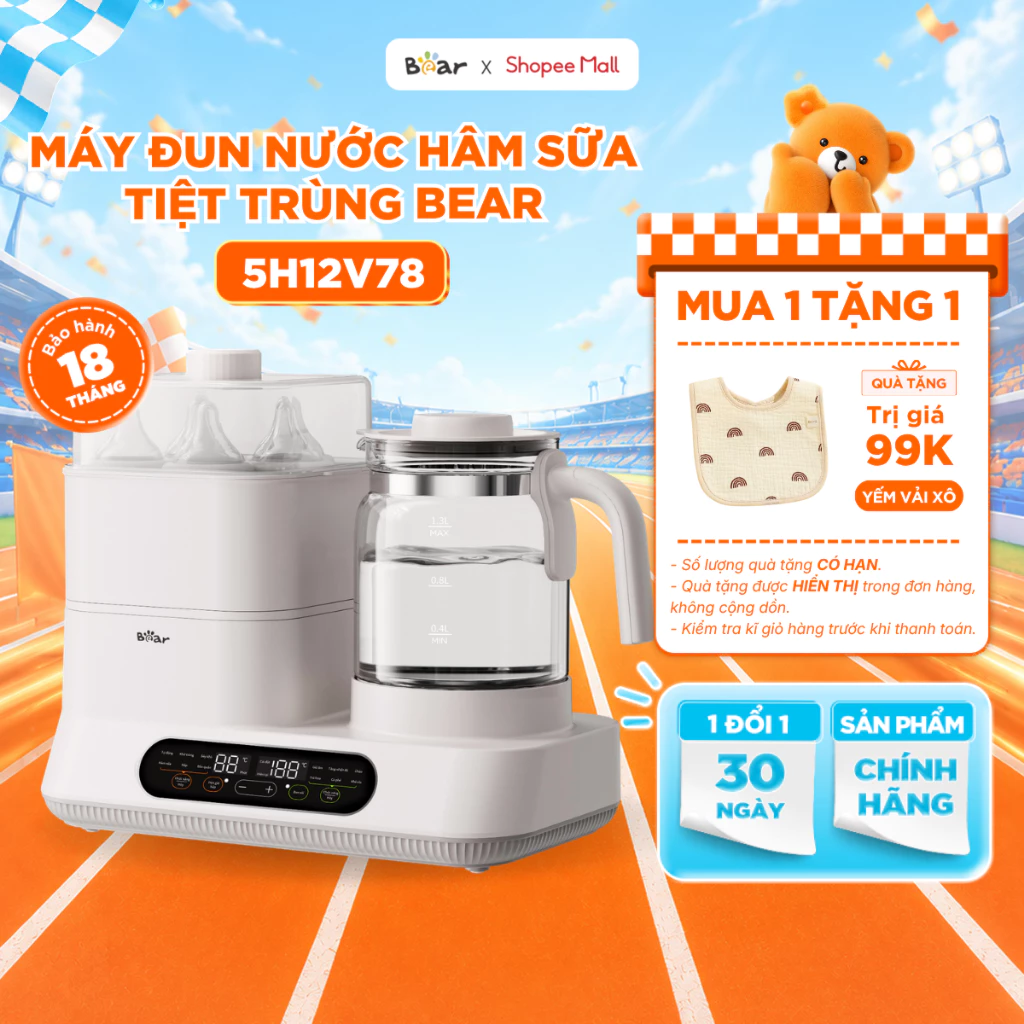 Máy Đun Nước Pha Sữa Tiệt Trùng BEAR, Máy Hâm Sữa Đa Năng Giữ Ấm 72h Tiệt Trùng Sấy Khô Bình Sữa Thông Minh WW-5H12V78