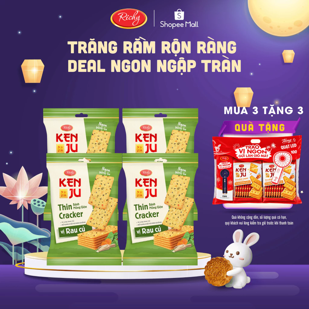 [TẶNG QÙA ĐƠN TỪ 135K] Combo 4 Bánh quy Kenju Richy vị rau củ, vị tôm túi 192g, hộp 288g, Bánh Kẹo Richy