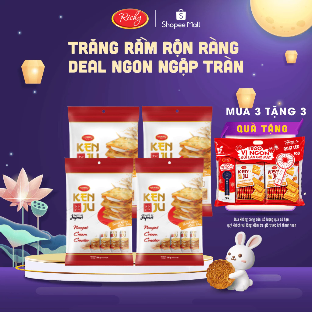 [TẶNG QUÀ ĐƠN TỪ 135K] Combo 4 túi bánh quy kem dẻo Kenju 186g, Bánh Quy Nougat, Bánh Kẹo Richy