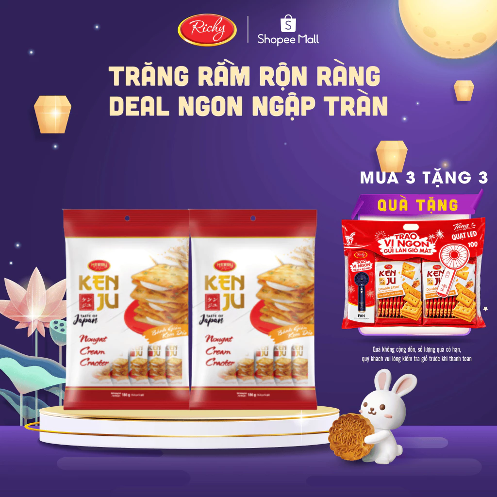 [TẶNG QUÀ ĐƠN TỪ 135K] Combo 2 Bánh Kenju kem dẻo túi 186g, Bánh Kenju rau củ túi 192g, Bánh Kẹo Richy back to school