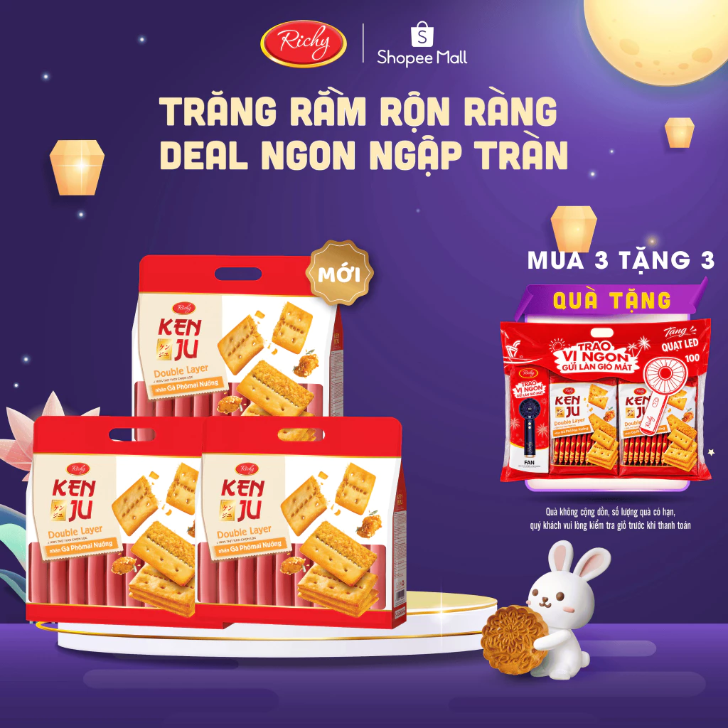 [MUA 2 TẶNG 1 QUẠT ] Combo 3 Bịch Kenju Gà Nướng Phô Mai, Kenju 2 Lớp Chà Bông, Túi 216g, Bánh Kẹo Richy back to school