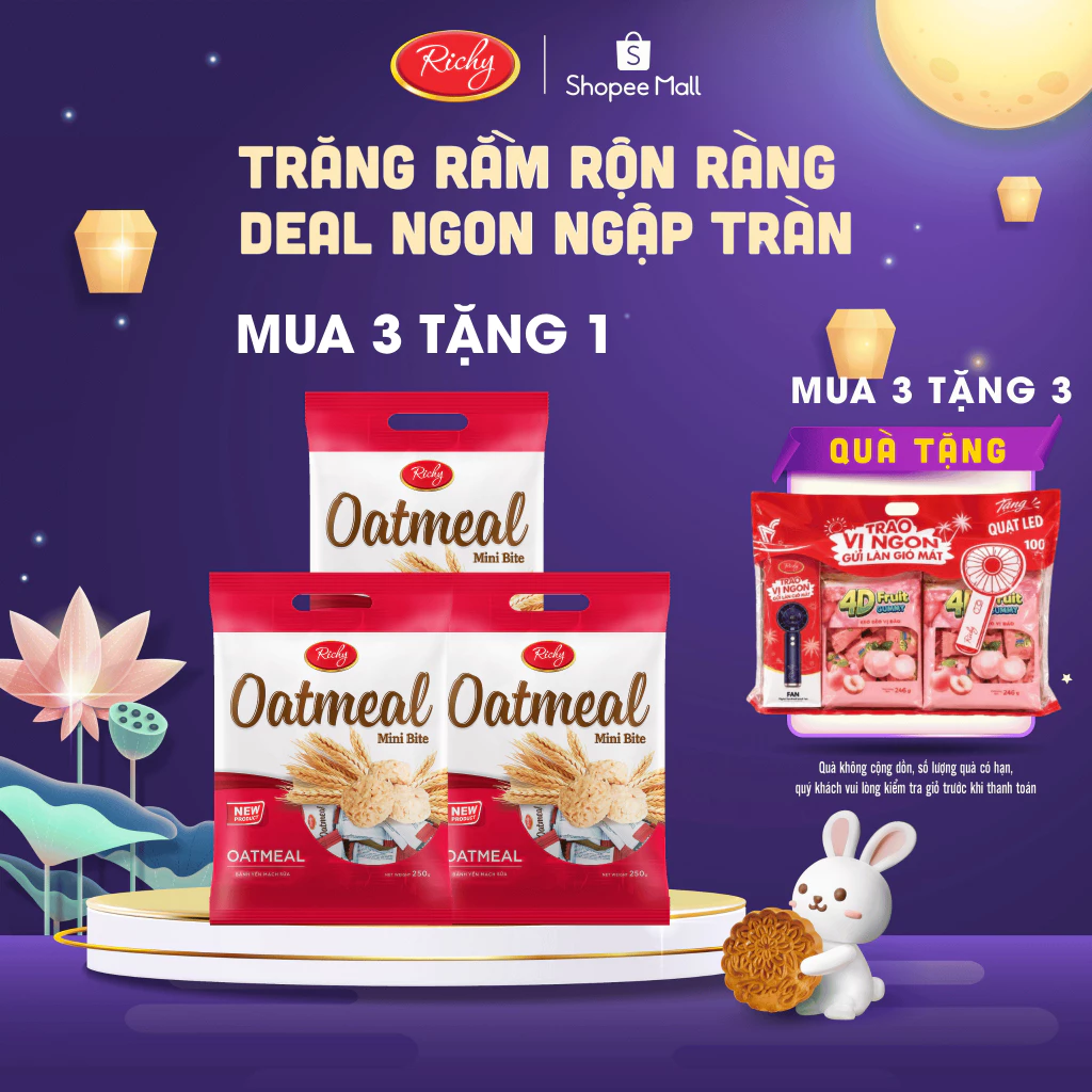 [MUA 3 TẶNG 3]  Combo 3 Bánh Yến Mạch Oatmeal Richy 2 Vị, Sữa, Phô Mai Túi 220g-250g