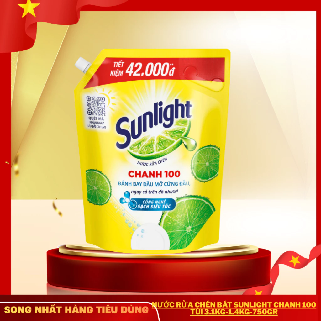 Nước rửa chén Sunlight chanh 100 mới đánh bay dầu mỡ cứng đầu túi 3.1kg