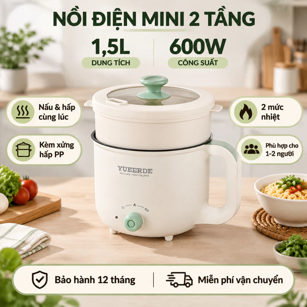 Nồi Điện Mini 2 Tầng 1.5L 600W, Kèm Xửng Hấp PP, 2 Mức Nhiệt, Cho 1–2 Người