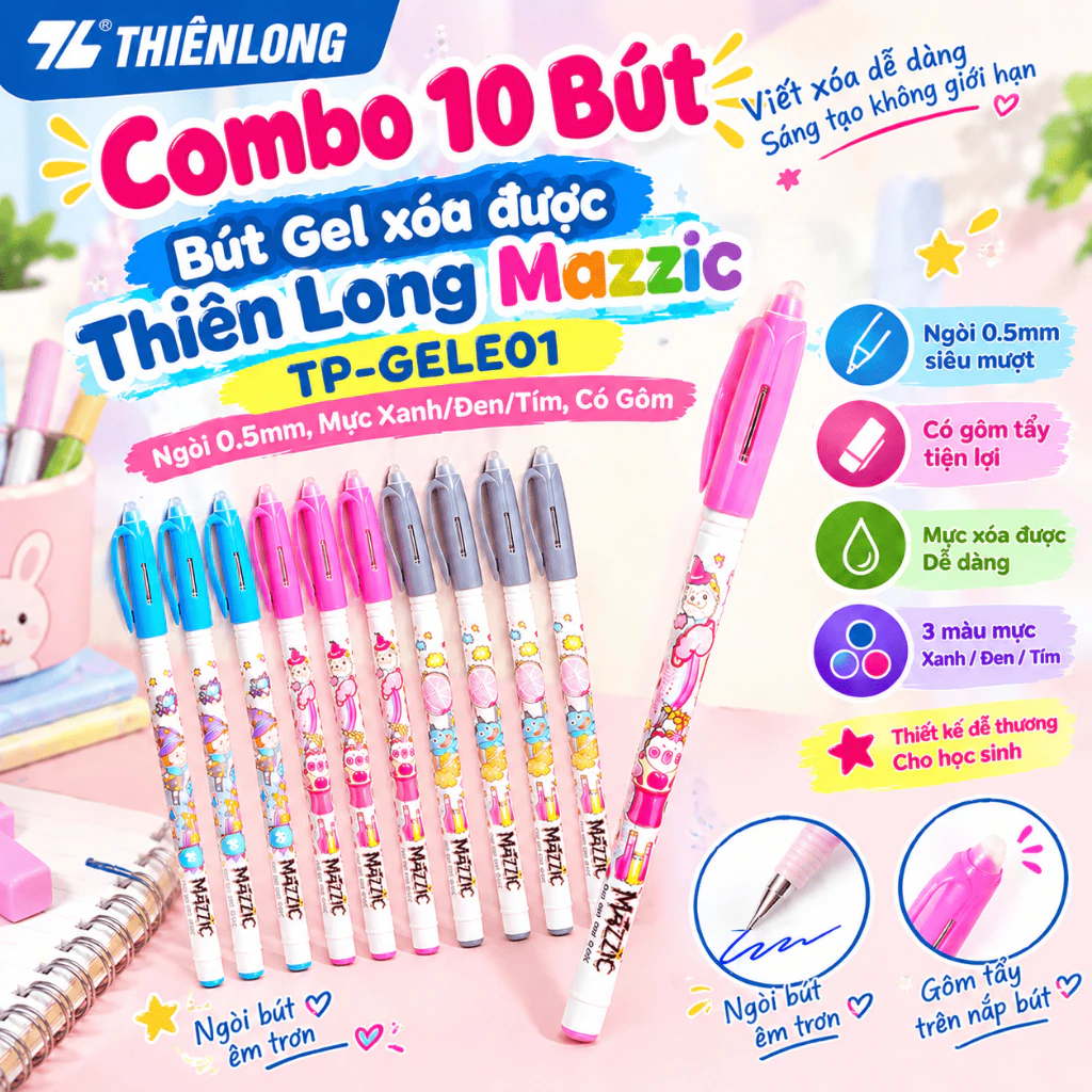 Combo Bút gel xóa được Thiên Long TP-GELE01 ngòi 0.5m xanh/đen/tím, bút mực gel xoá được