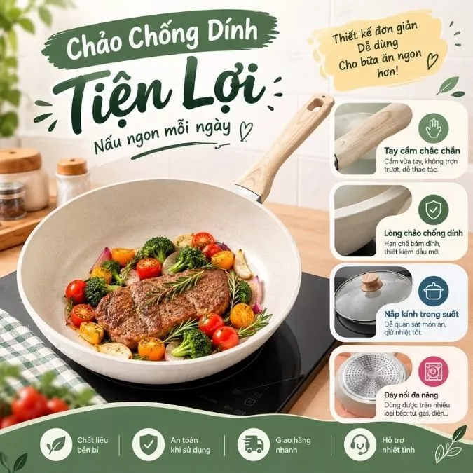 Chảo Chống Dính Thép Carbon Tay Cầm Gỗ Có Nắp Đậy Tiện Lợi Dùng Nấu Ăn Hằng Ngày Chiên Xào Rán Dễ Dùng