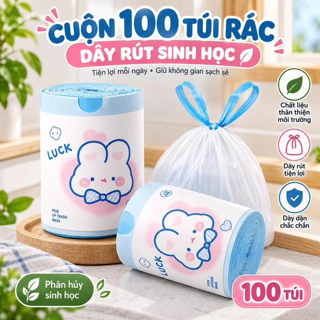 Cuộn 100 túi rác dây rút sinh học in hình thỏ xanh đáng yêu 45x50cm