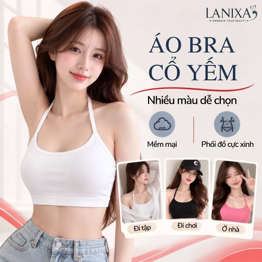 Áo bra không gọng cổ yếm đệm mút mỏng ôm ngực thoáng khí cotton dày dặn thấm hút mồ hôi LANIXA B8703