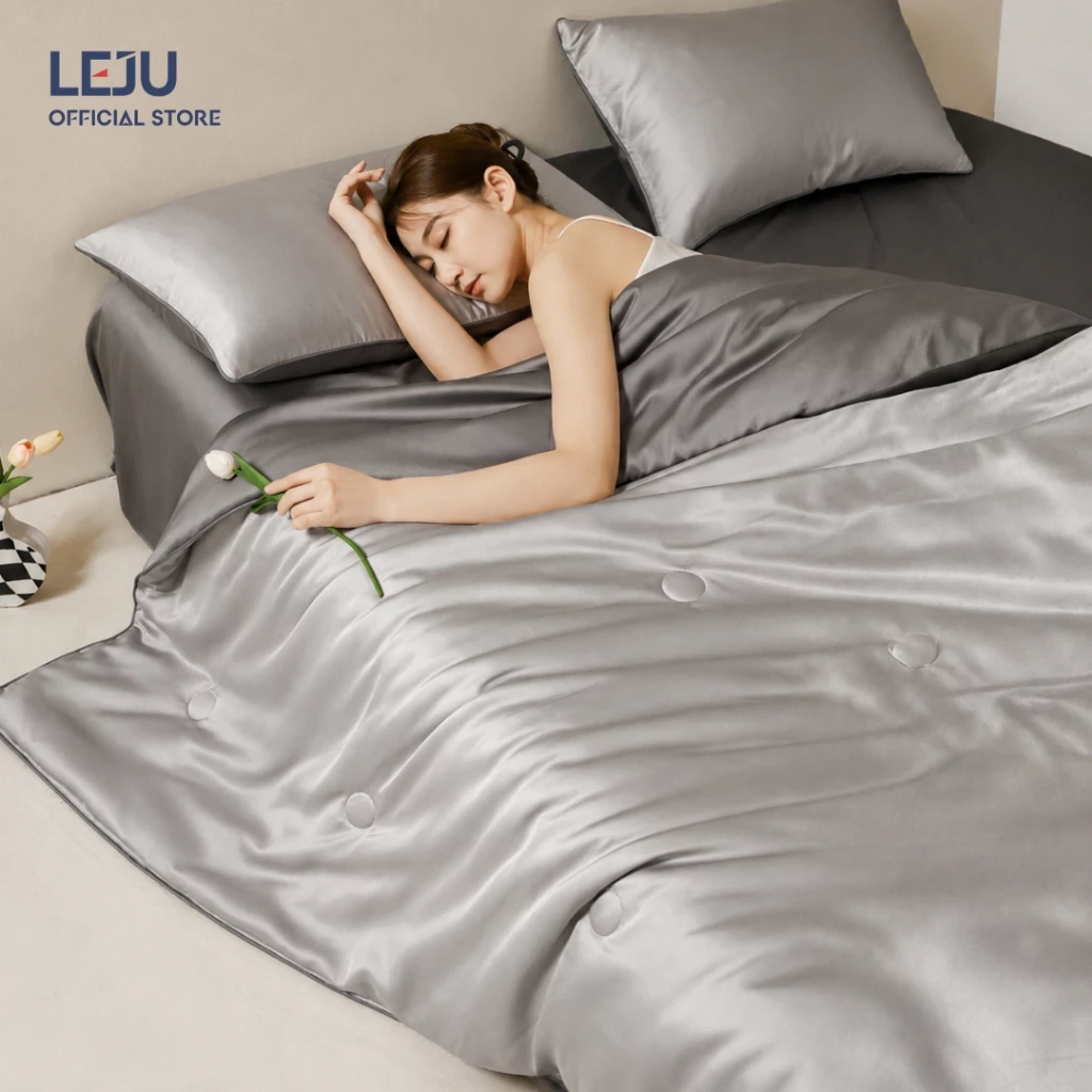 Bộ Chăn Ga Gối 4 Món Lụa Tencel 60S HOME LEJU Cao Cấp Set Ga Giường Bộ Ra Gối Mùa Hè Mát Lạnh Drap Nệm