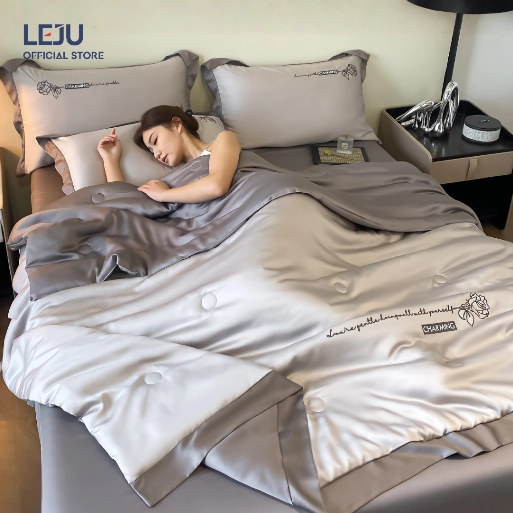 Bộ Ga Giường 4 Món Lụa Giặt Nước HOME LEJU Cao Cấp Mùa Hè Combo Chăn Ga Gối Bốn Món Drap Bo Chun