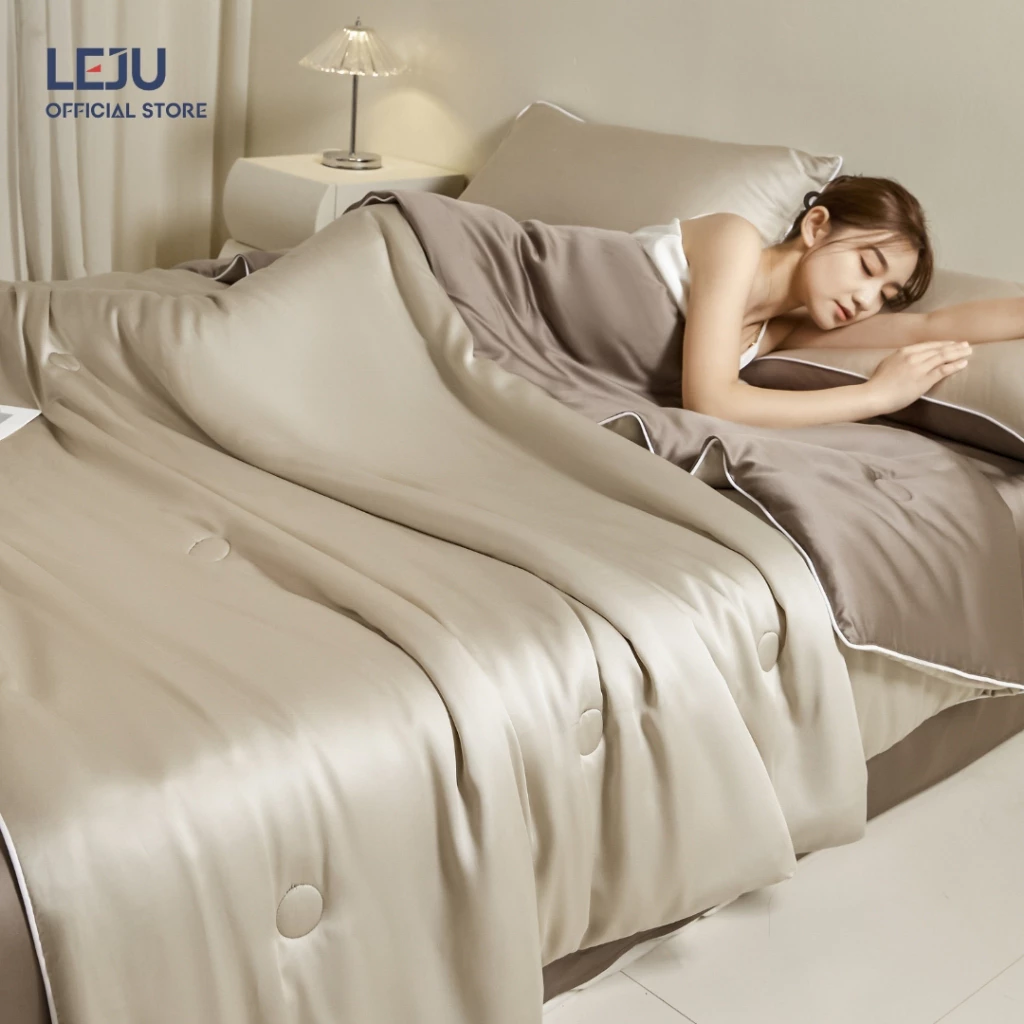 Bộ Chăn Ga Gối Cao Cấp Tencel 60S HOME LEJU Set Bốn Món Ga Giường Lụa Mùa Hè Chăn Hè Chần Bông Mỏng