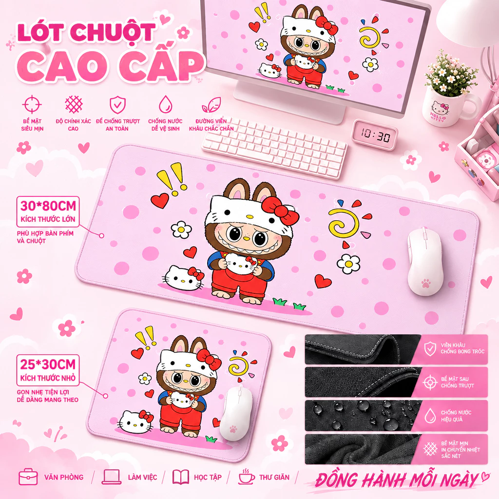 Lót chuột Labubu dễ thương, thảm bàn máy tính in hoạt hình chống trượt cao su size 80*30 & 30*25