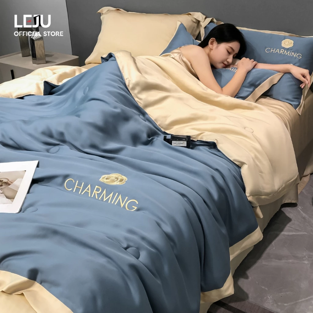 Bộ 4 Món Ga Giường Cao Cấp HOME LEJU Chăn Ga Gối Nệm Mùa Hè Combo Drap Bo Chun 4 Món Bộ Ra Gối Kèm Chăn