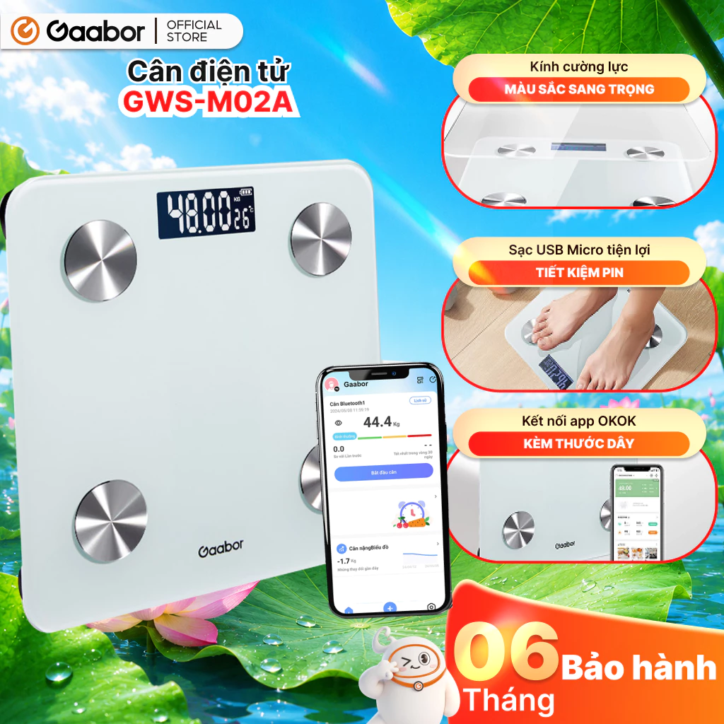 Gaabor Cân sức khỏe GWS-M02A điện tử kết nối bluetooth phân tích chỉ số cơ thể có app pin sạc [L]