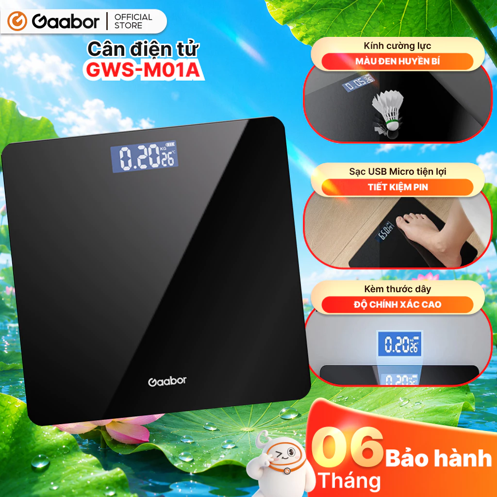 Gaabor Cân sức khỏe điện tử thông minh GWS-M01A màn hình LED tặng kèm thước dây và sạc USB [L]