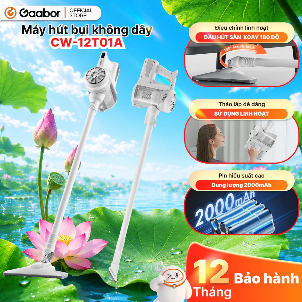 Gaabor Máy hút bụi không dây CW-12T01A 2in1 lực hút mạnh lọc HEPA 3 lớp pin sạc gọn nhẹ lực hút mạnh