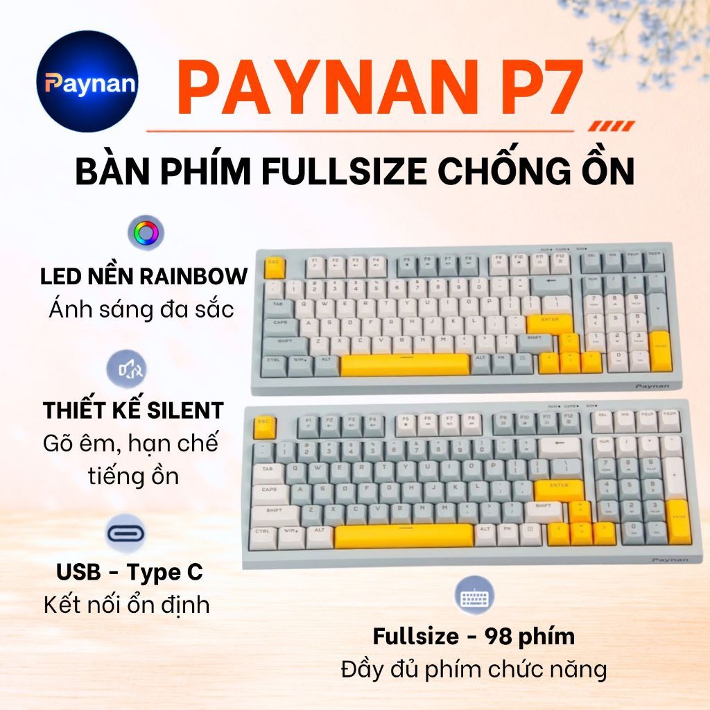 Bàn phím văn phòng P7 Paynan Navy Flow chống ồn kết nối cáp rời 98 phím đèn…