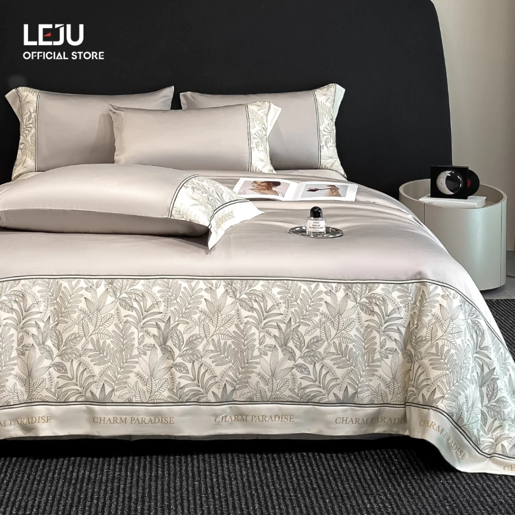 Bộ Chăn Ga Gối Mùa Hè HOME LEJU Set 4 Món Lụa Giặt Nước Cao Cấp Drap Trải Giường Thanh Lịch