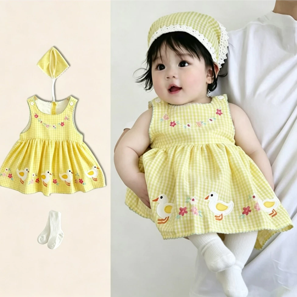Baby Girl Summer Cotton Sleeveless Jumpsuit siêu mềm mại kiểu Hàn Quốc vàng vịt váy 0-24M