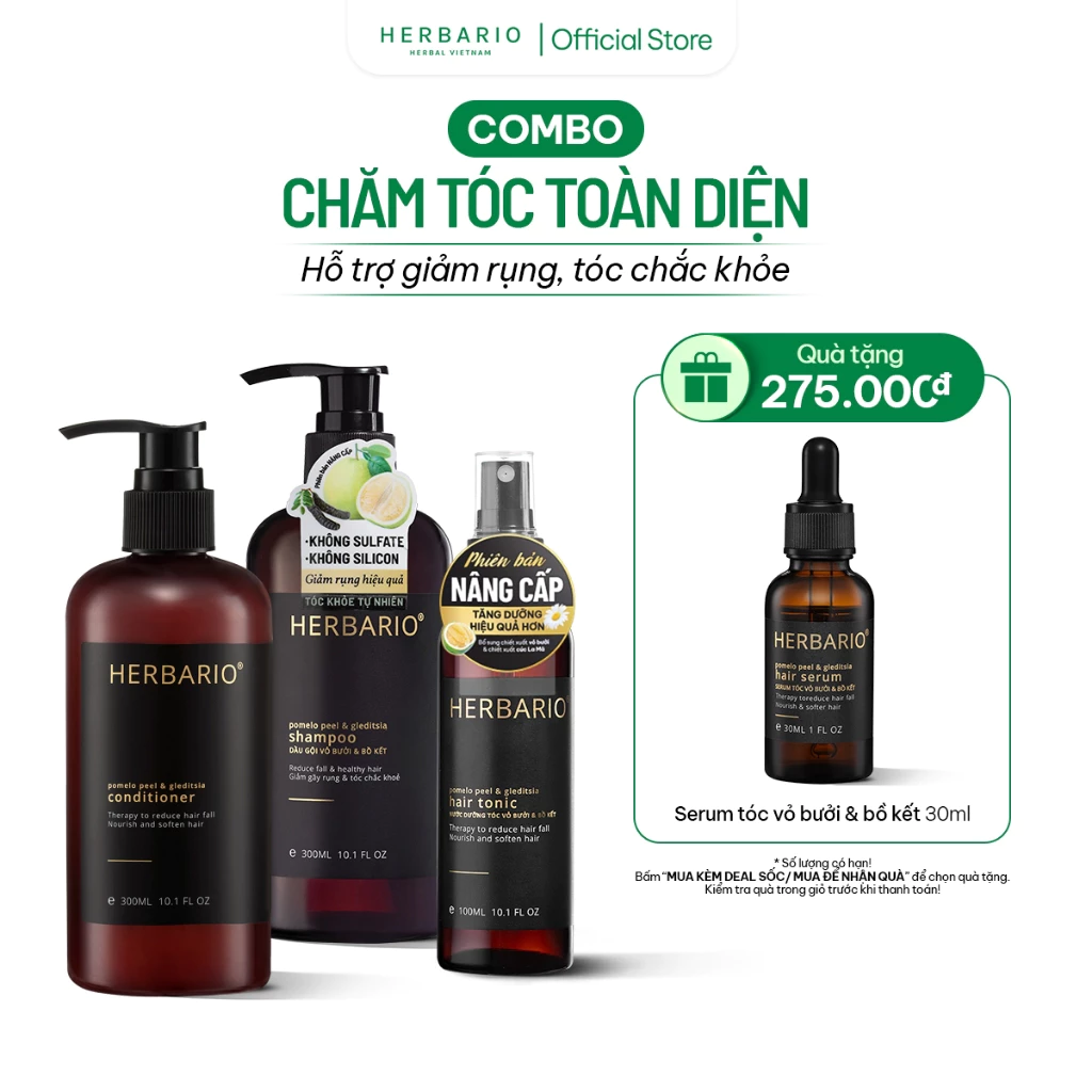 Combo Dầu Gội 300ml + Dầu Xả 300ml + Xịt Giảm Rụng Vỏ Bưởi Bồ Kết 100ml