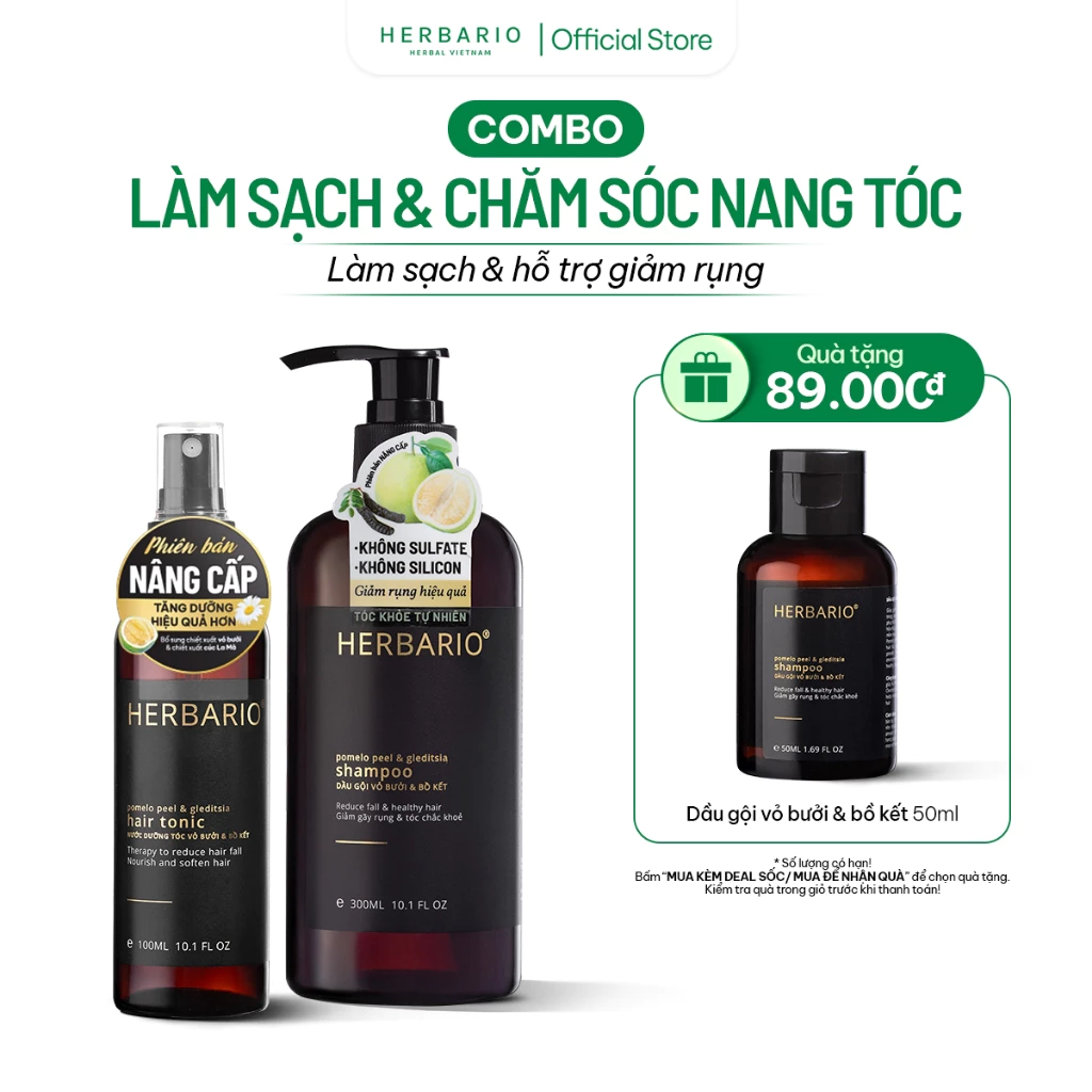 Combo Dầu Gội 300ml + Xịt Giảm Rụng Vỏ Bưởi Bồ Kết 100ml Herbario