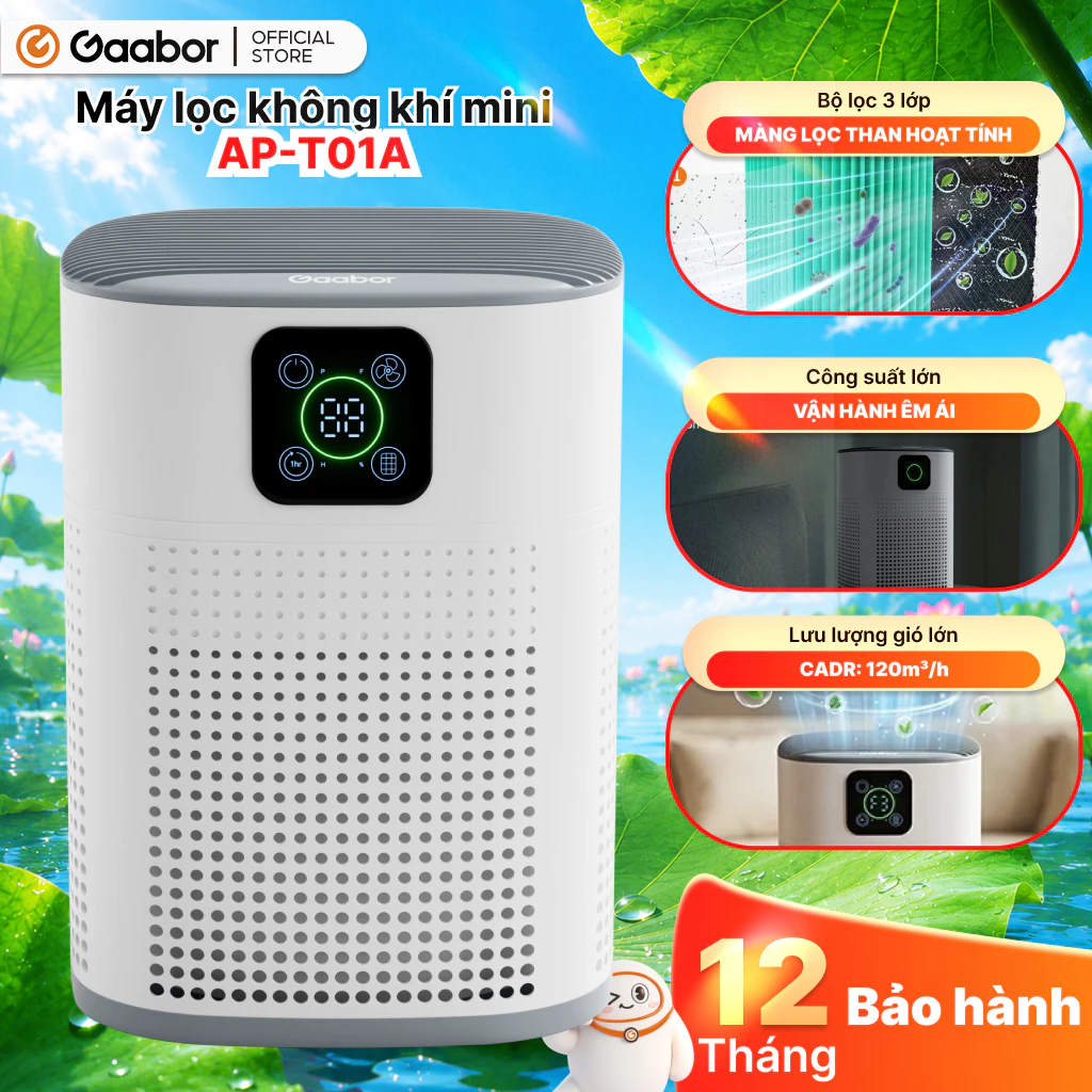 Máy lọc không khí để bàn mini Gaabor AP-T01A lọc bụi mịn PM2.5 hẹn giờ đến 9H diện tích dưới 20m2