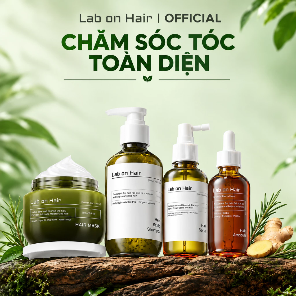 Combo dầu gội đầu+kem ủ tóc+xịt mọc tóc+tinh chất sâm gừng Lab on hair 300ml +250ml +160ml+60ml dưỡng tóc